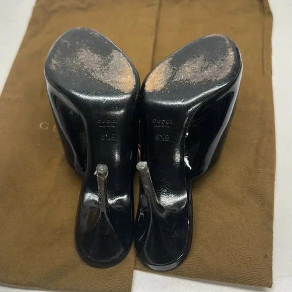 Gucci Heels Open Toe Mules Black Patent Leather Lace Up Pink Y2K Vintage 6.5 - Picture 10 of 12